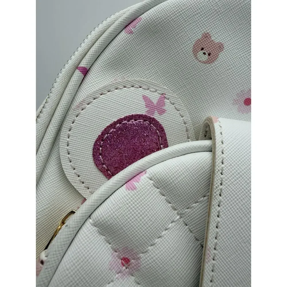 UNDER ONE SKY Mini Backpack Purse White Pink Bear Print Bow Bag Charm